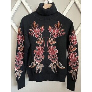 Sundance Claudia Women's S Black Floral Turtleneck Sweater Wool Blend